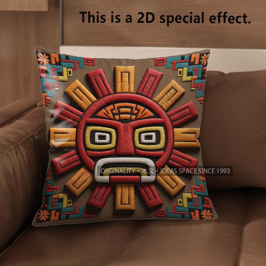 2D Aztec Sun God Print Throw Pillow Covers Pattern Cushion Cover Suitable For Sofa Bedroom Car Pillow Cover