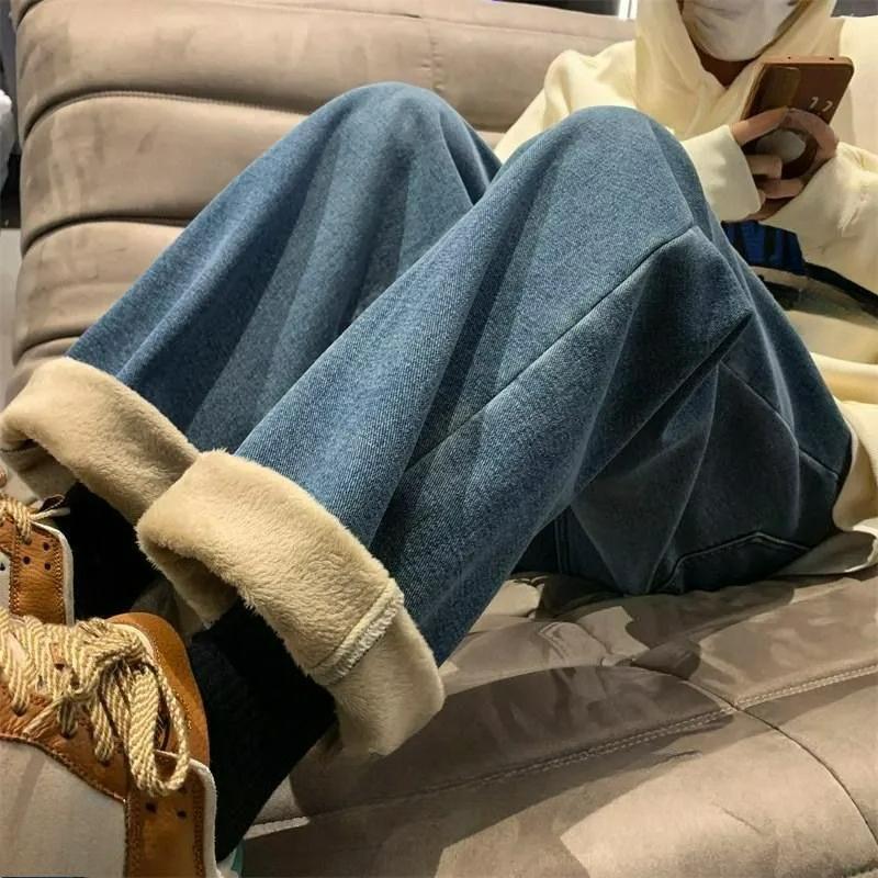 

Plus Velvet Thickened Smoky Gray Jeans Female Students Keep Warm In Winter and Wear High-waisted Drape and Thin Straight-leg Pants XXXL синий