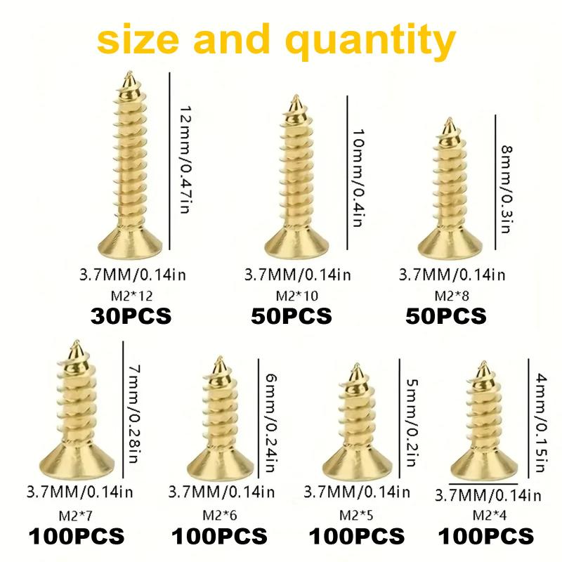 530PCS M2 Gold Countersunk Cross Self Tapping Screw Set, DIY Woodworking Fastening Tool