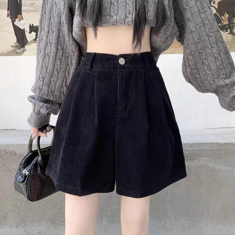 Women's A-Line Black-Coffee Corduroy Shorts with Sweatshirt, 2025 Spring/Autumn New Style, Casual Wide-Leg Design