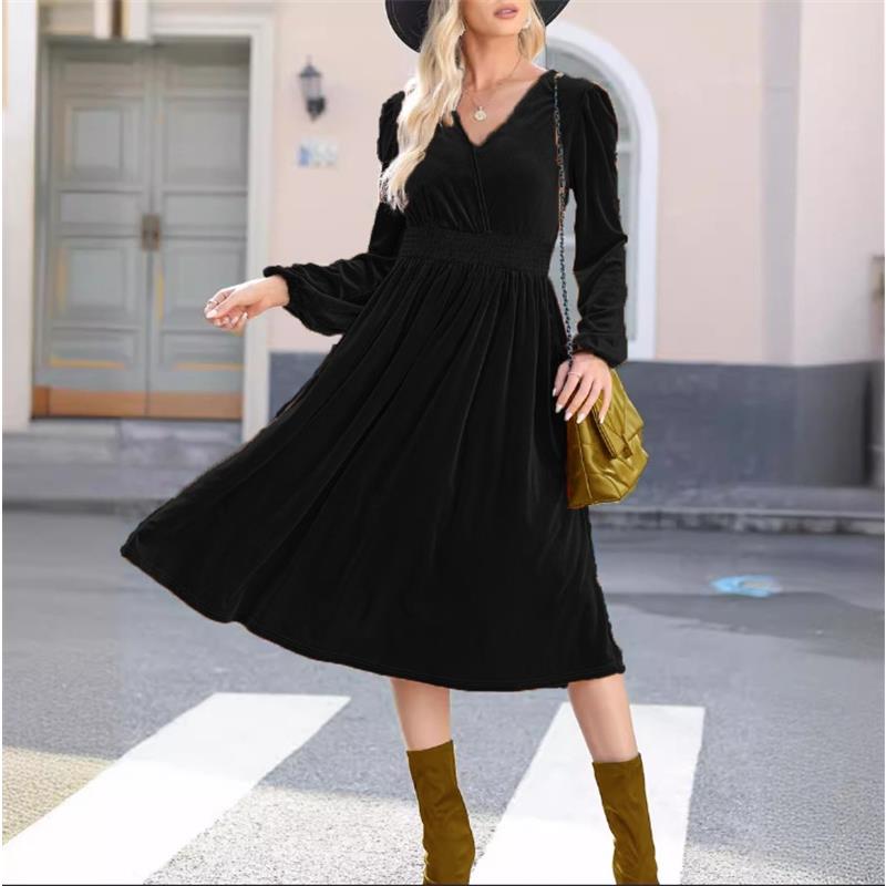 Abito Midi da Donna Monocolore a Maniche Lunghe con Scollo a V e Pieghe in Vita Alta