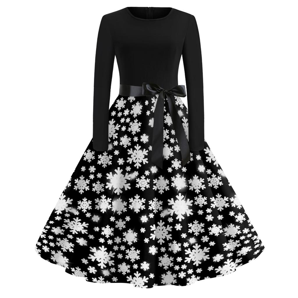 Damskie Codzienne Modne Długie Sukienki Vintage z Długim Rękawem i Świątecznym Nadrukiem Graficznym
