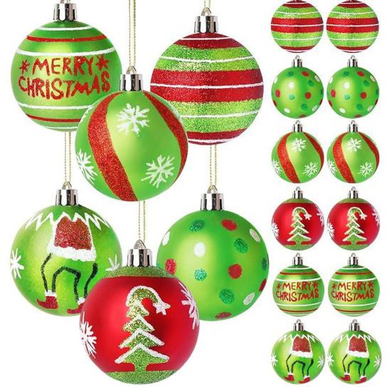 12 Pcs 2.4 Inch Christmas Ball Ornaments Glittering Red Green Plastic Hanging Balls Swirl Candy Cane Elf Balls Xmas Tree Pendants