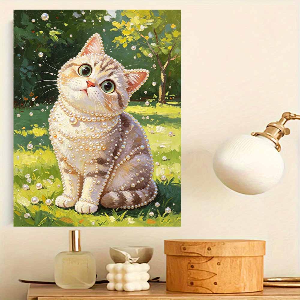 Cute Cat Pearl Pattern 5D Pearl Painting Kit with Frame DIY Sparkling Bead Canvas Art Relaxing Craft for Girls Room Decor Handmade Wall Gift