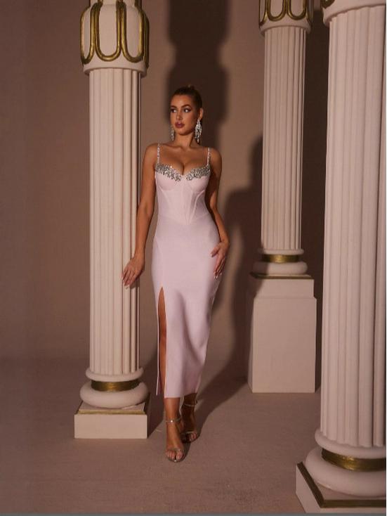 European-American Rhinestone Bandage Evening Dress with Side Slit