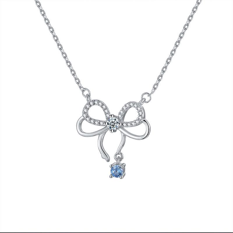 S925 Sterling Silver Aquamarine Zircon Bow Necklace for Women