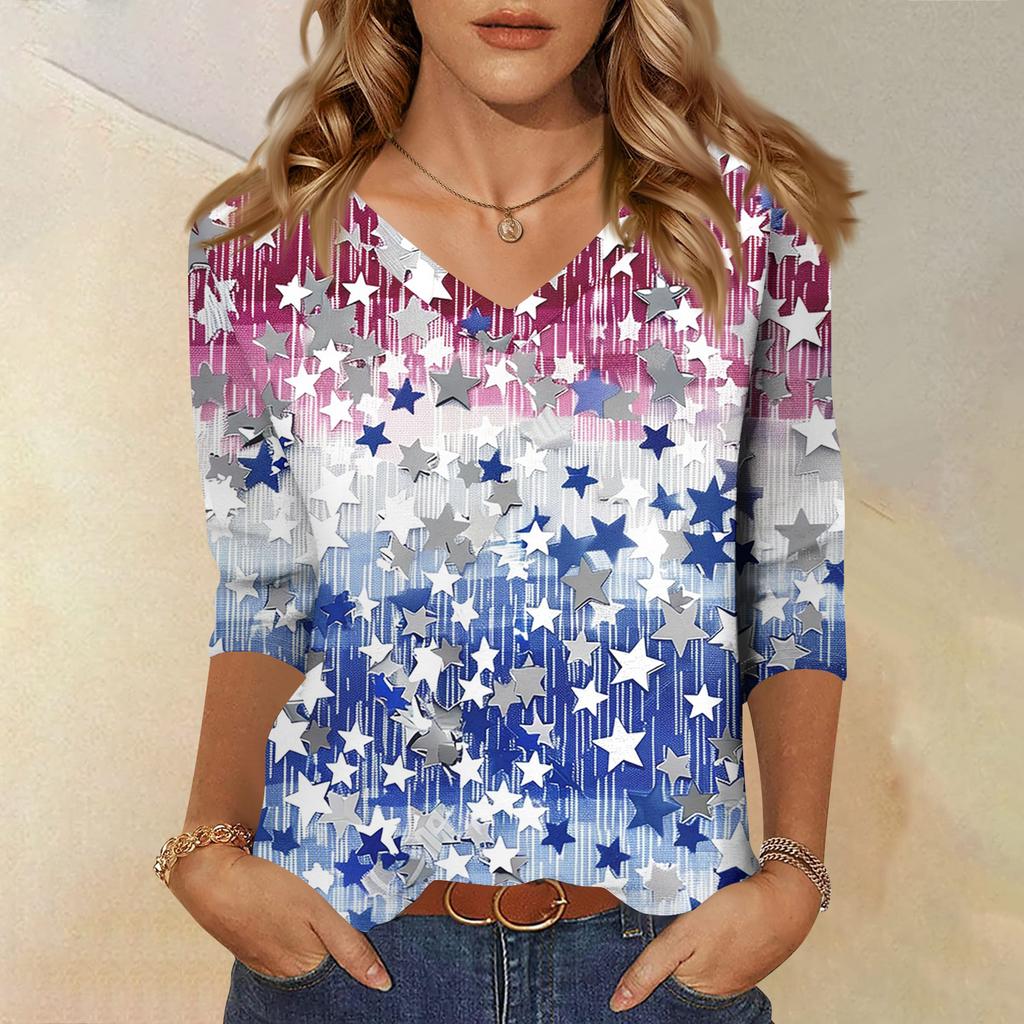 Trendy Vintage 3/4 Sleeve Top For Women,Ladies Casual Three Quarter Sleeve V-neck Printed T-Shirt Blouse