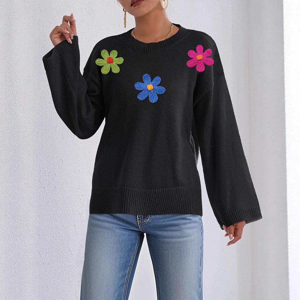 Three-dimensional Colorful Flower Patchwork Autumn and Winter Loose, Comfortable and Casual Long-sleeved Top, Round-neck Pullover Sweater for Women