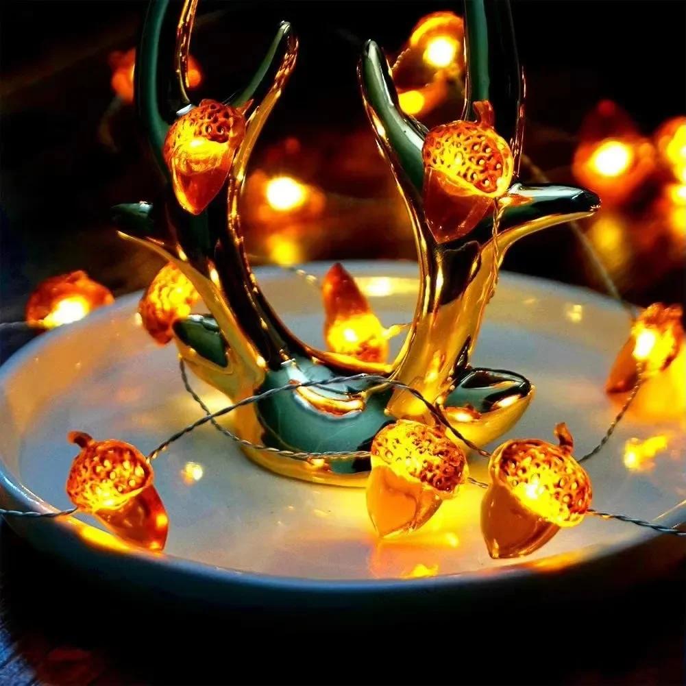 10/20/30 LED Acorn String Lights Thanksgiving Decorations 9.8ft Fall Lights Forest Decor Fairy Decorative Lights Battery Powered