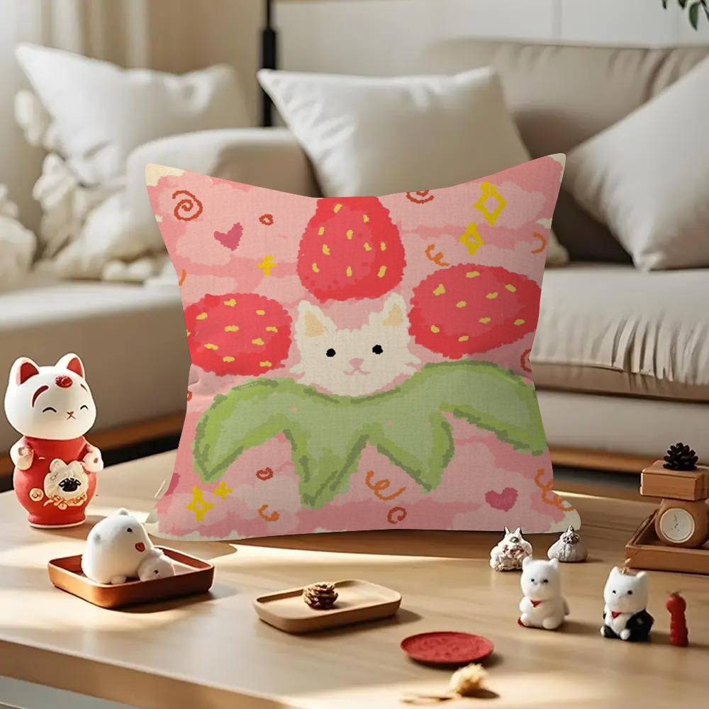 Cute Strawberry Cat   Personalized Pillow Cover Kids Bedroom Wild Party Decor Pillowcase kid Birthday shower Gift