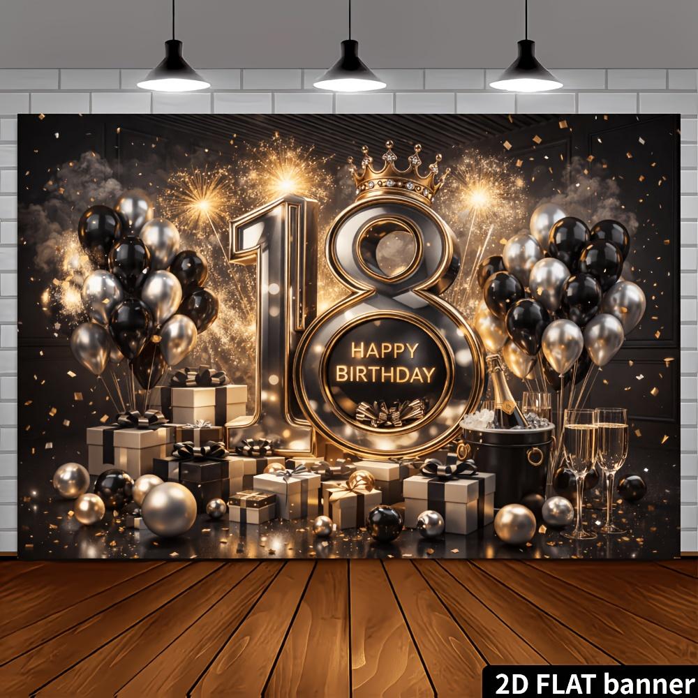Sfondo banner festa di compleanno 18 anni piano 2D - Tema compleanno lussuoso nero e oro articolo decorativo da parete multifunzionale