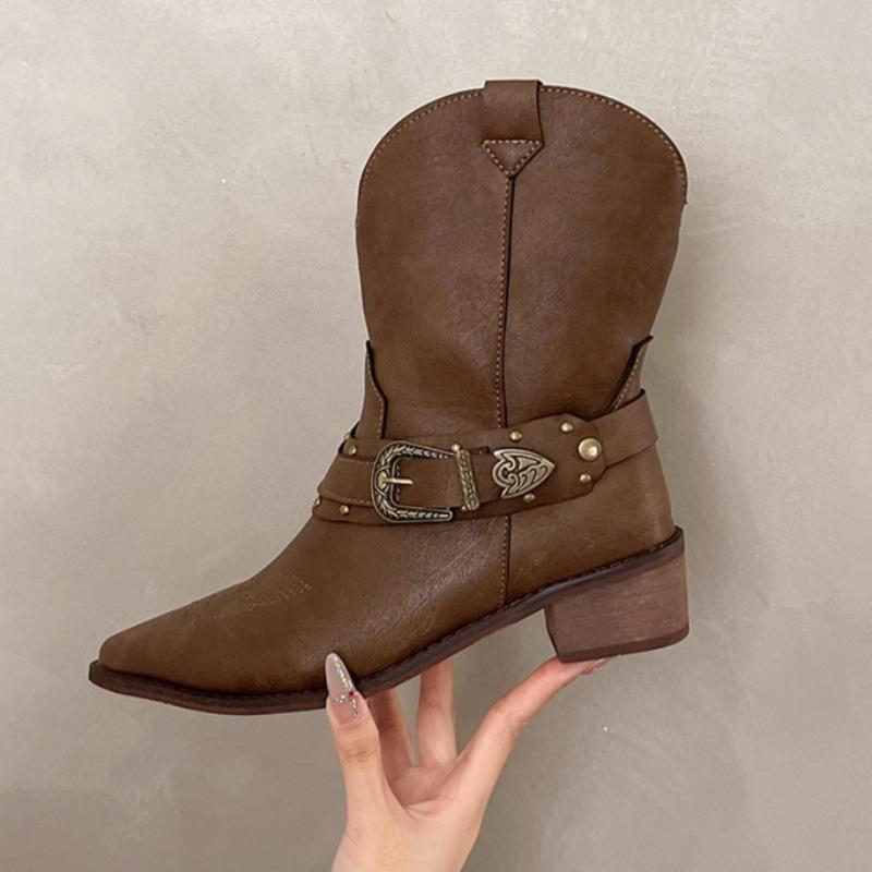 Fashion Block Heel Boots Autumn New Pointed Toe Sleeve Rivet Metal Buckle Anti-slip Wear-resistant Low Heel Shoes