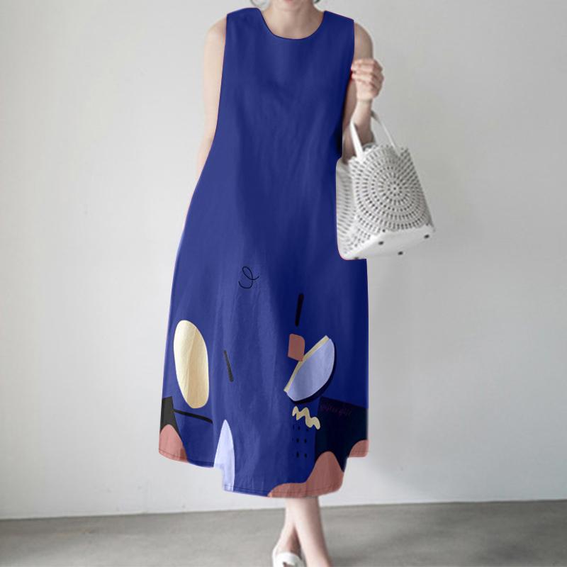 ZANZEA Womens Casual Round Neck Loose Summer Sleeveless Print Dress