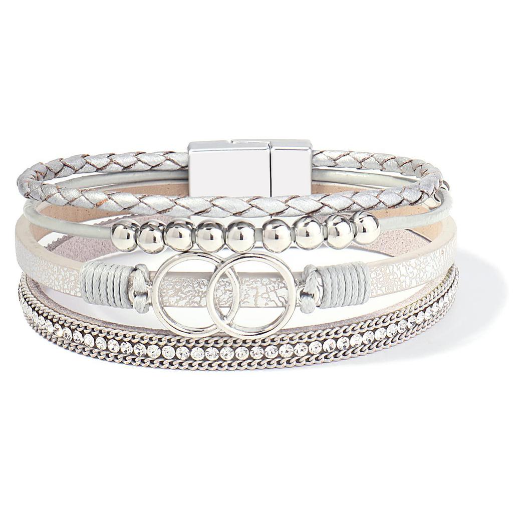 Damen Handgefertigtes Geflochtenes Lederarmband mit Doppelring Magnetverschluss und Strasssteinen