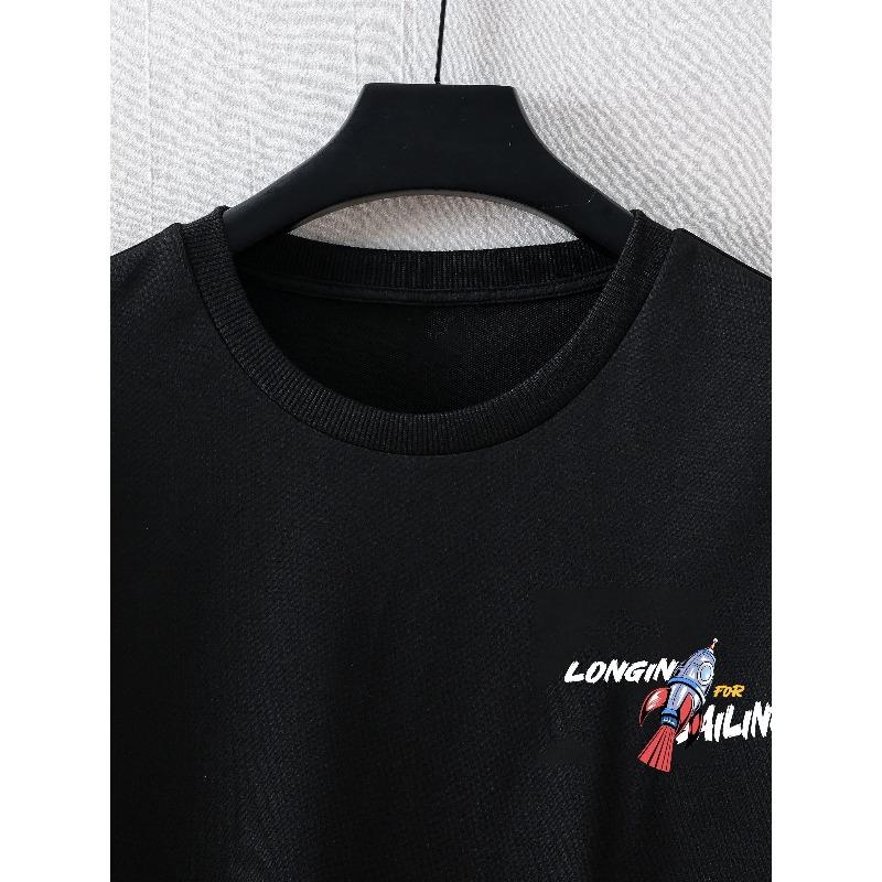 Men's Street Style Rocket Graffiti Print T-Shirt - Casual, Loose Fit with Crew Neck, Breathable, Machine Washable - Perfect for Summer