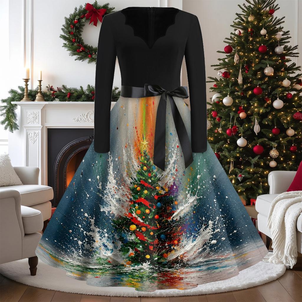 Women's Casual Vintage V-Neck Long Sleeve Dress with Christmas Print for Holiday Party