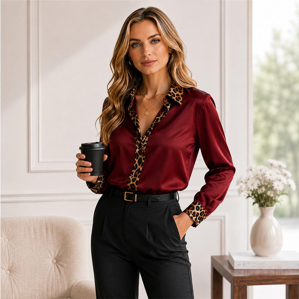 Damen Satinshirt mit langen Ärmeln, Leopardenmuster-Patchwork, Knopfleiste und Reverskragen