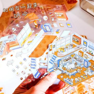 Cartoon Miniature Scene 3D DIY Landscaping Stickers Cabin Scene Stacking and Pasting Hand Account Cute Gift for Kid Child Adult