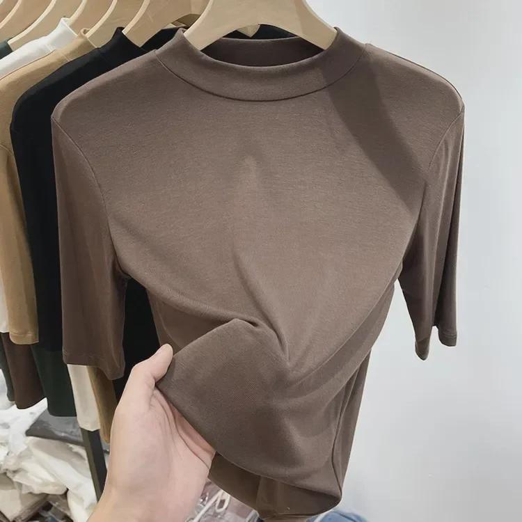 

Женская весенне-летняя модальная футболка слим с рукавом до середины предплечья, универсальная однотонная маска L (50-58 kg)