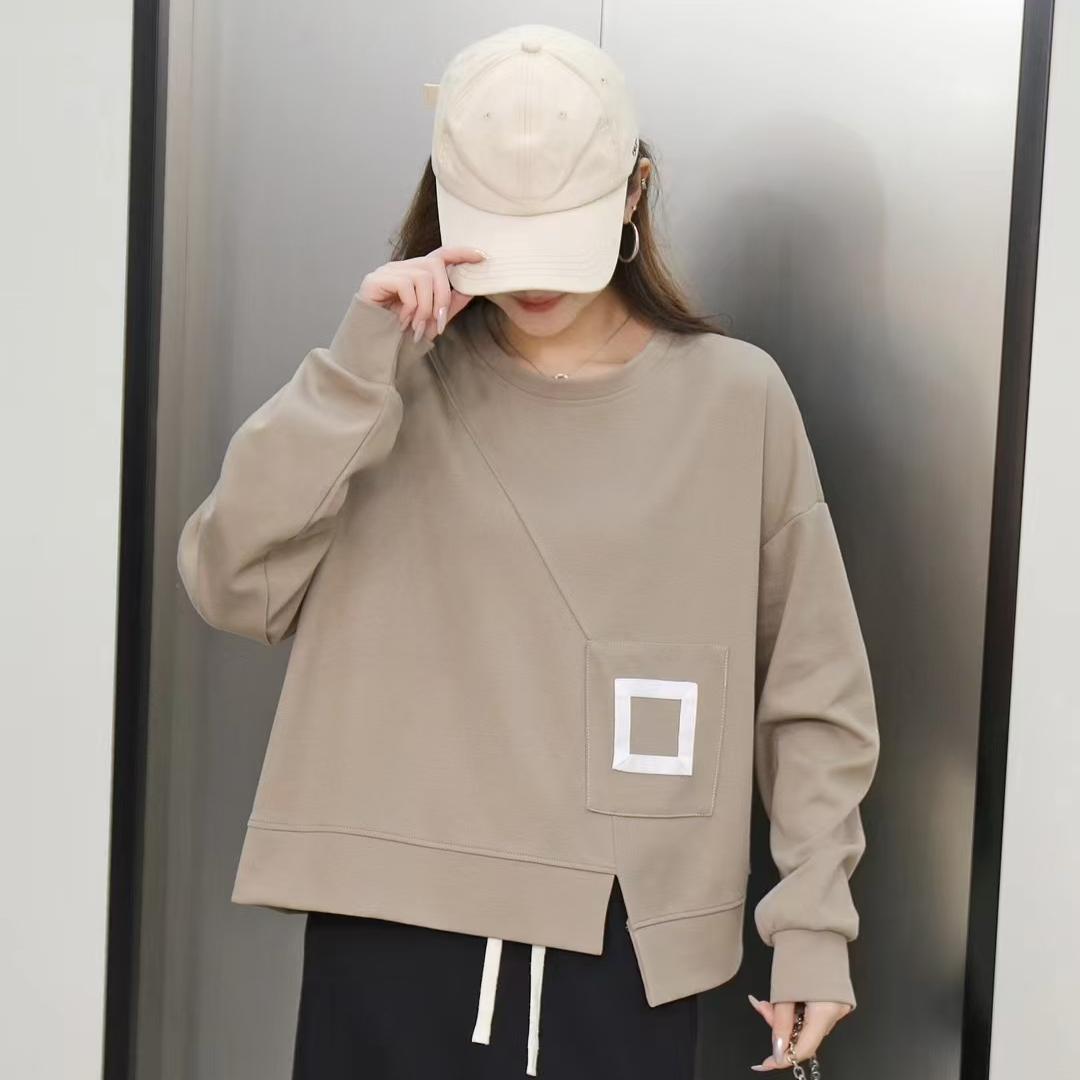 

DIMANAF 2024 Осенняя футболка Однотонная эластичная футболка Сплайсированная женская принтованная однотонная футболка с длинным рукавом Свободные топы Футболки One Size дубильная кора