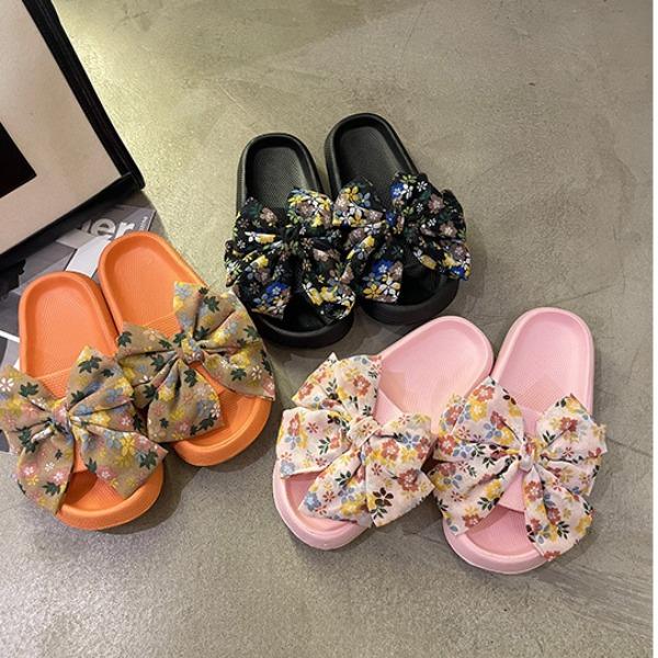 Damen Sommer Süße Große Schleife Sandalen und Hausschuhe Oberbekleidung Net Red Ins Tide Wild One-Word Drag Dickbesohlte Eva Hausschuhe