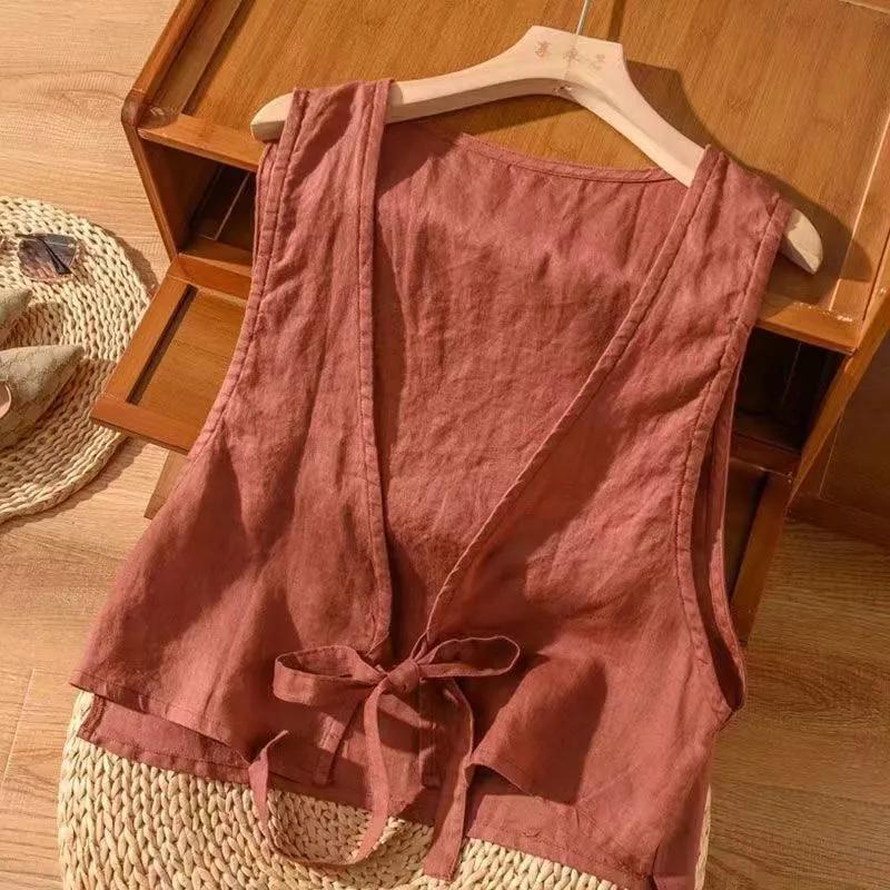 Women's Summer Literary Retro Ethnic Style Vest Solid Color Thin Section Loose Lapel Tie Top