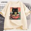 Cute Black Cat Eating Ramen T-Shirt Men Women Adorable Graphic Tee Shirt Foodie and Cat Lover Tshirt Animal Printed Tees Top