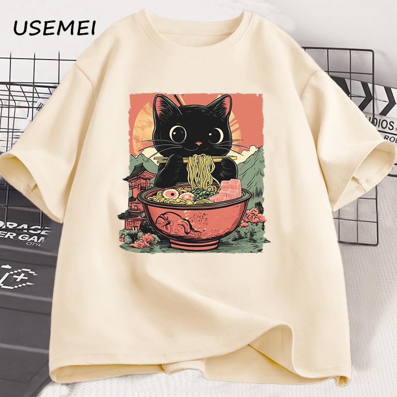 Cute Black Cat Eating Ramen T-Shirt Men Women Adorable Graphic Tee Shirt Foodie and Cat Lover Tshirt Animal Printed Tees Top