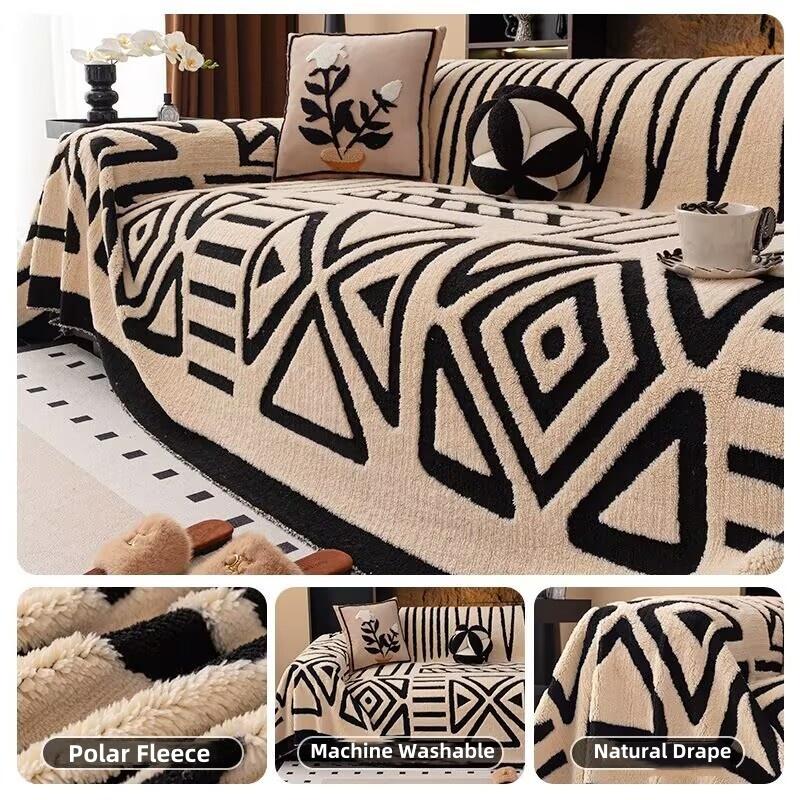 Polar Fleece Plush Sofa Cover Cloth Thickness Anti Slip Sofa Towel Geometric Print Couch Seat Cushion Mat Full Coverage Blanket