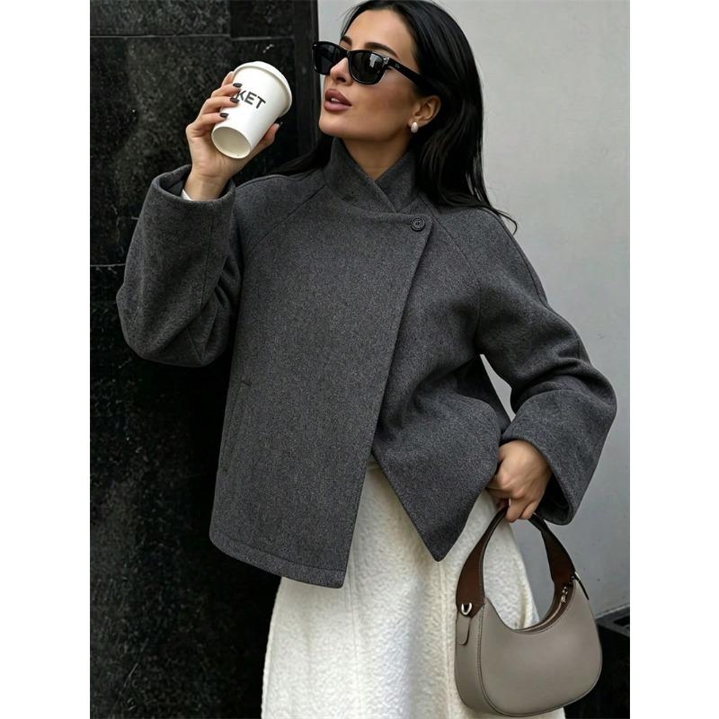 Women S Loose Long Sleeve Stand Collar Single Breasted Coat