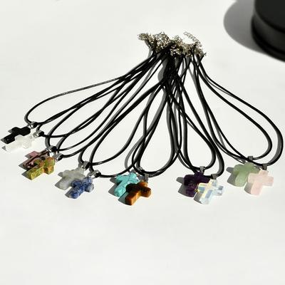 Punk Rock Colorful Natural Stone Cross Pendant Necklace For Men Women Cool Hip Hop Street Vintage Y2K Grunge Goth Jewelry Gift