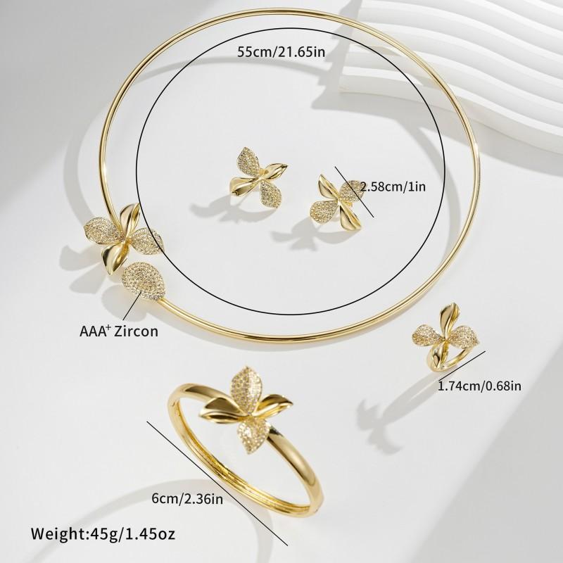 Elegant Floral Open-Design Jewelry Set Women Necklace Bracelet Ring Earrings In Gold-Tone With Zircon Accents