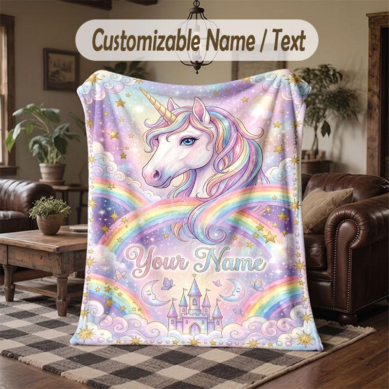 Unicorn Theme Throw Blanket Custom Name Text Personalized Blanket Soft Cozy Blanket for Home Sofa Bed