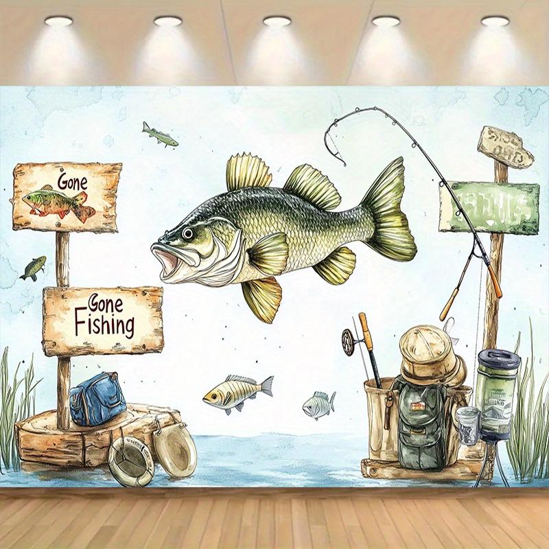 1 "Fishing" party background - polyester decoration, featuring fisherman and fishing gear designs, for festival celebration