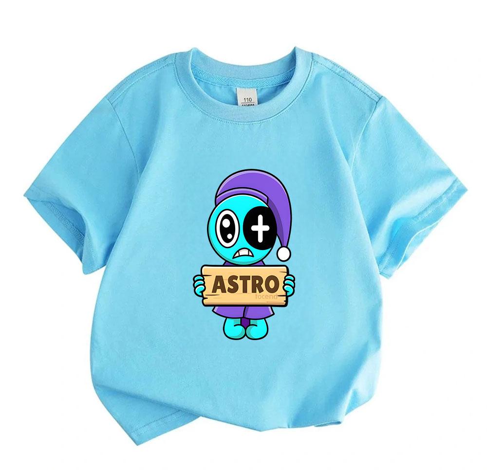 Kids Boys Girls 100% Cotton Crew Neck Short Sleeve T-shirt, Cute Cartoon Aqua Character Astro Pattern Soft Casual Summer Tee for Children Daily Wear