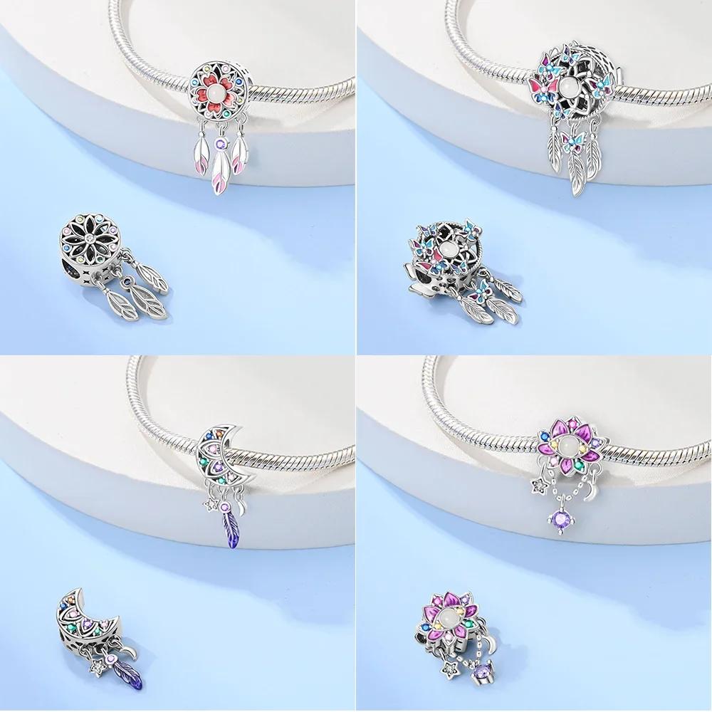 Charm Copper Original Dream Catcher Feather Pendant Purple Colorful Moon Design Bead Fit Bracelet Women Jewelry Diy