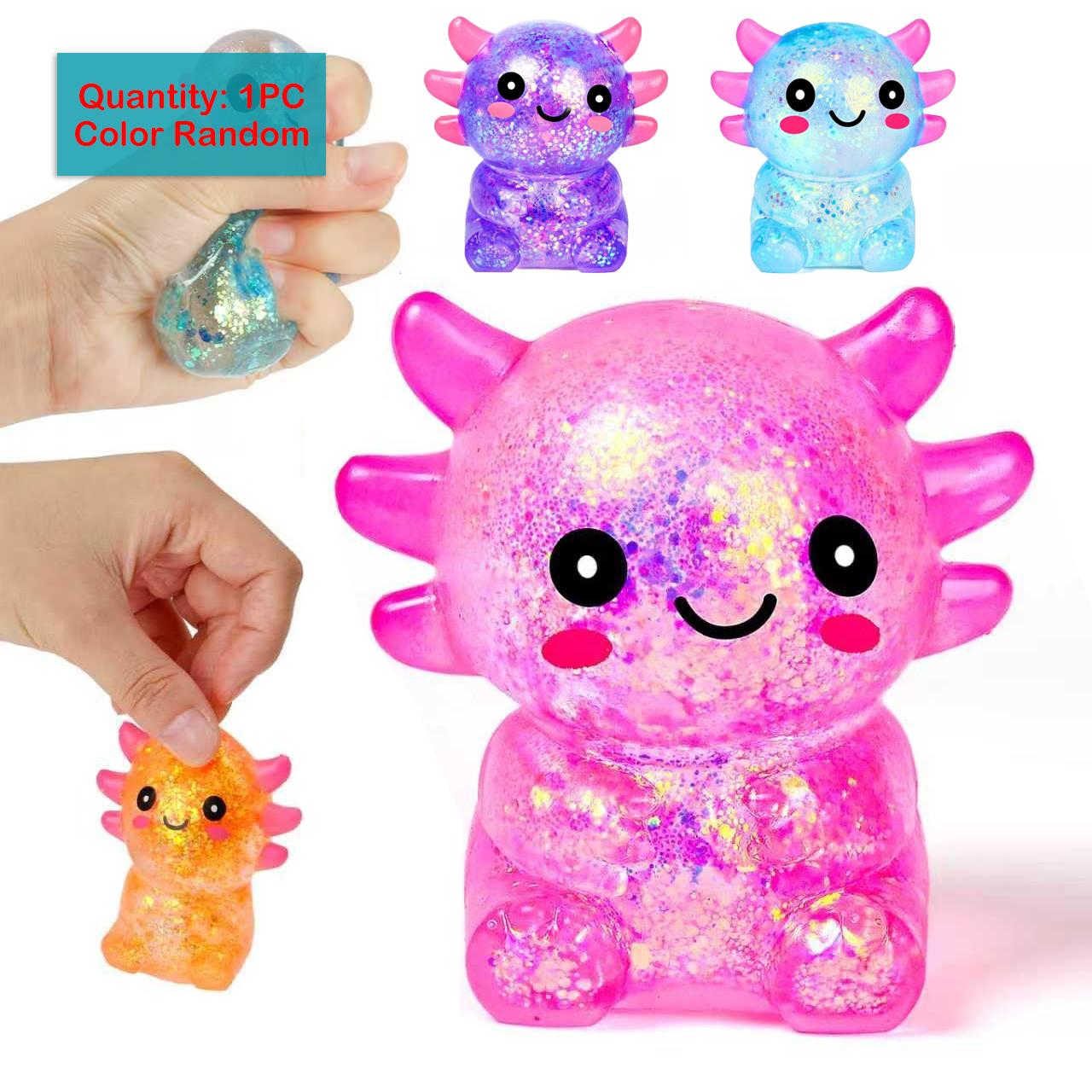 1 soft Mexican axolotl stress relief ball. Squeezable, stretchable sensory toy for adults & kids. Perfect for party favors.