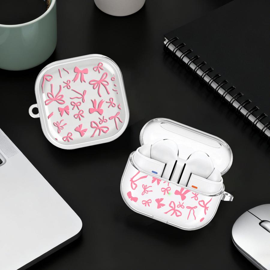 Pink Bow Pattern Clear Earphone Cases Cover With Hook Case For Samsung Galaxy Buds Live 4Pro 2Pro 3 FE 2 3Pro 4 Pro