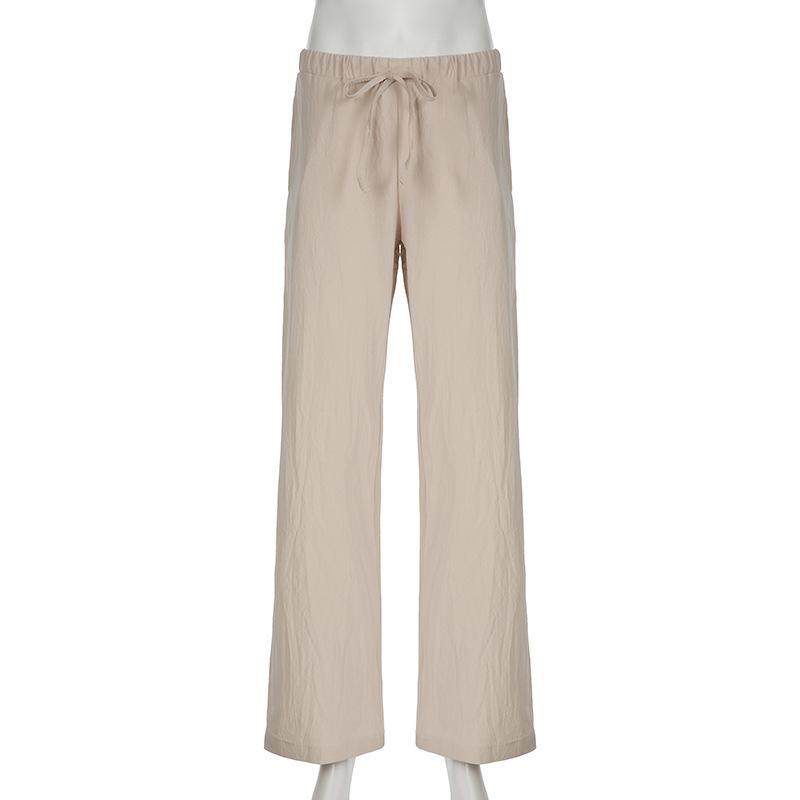 Summer Models Women's Home Daily Style Cotton Linen Drawstring Straight Basic Solid Colour Wide Leg Drape Spicy Low Waist Casual Trousers