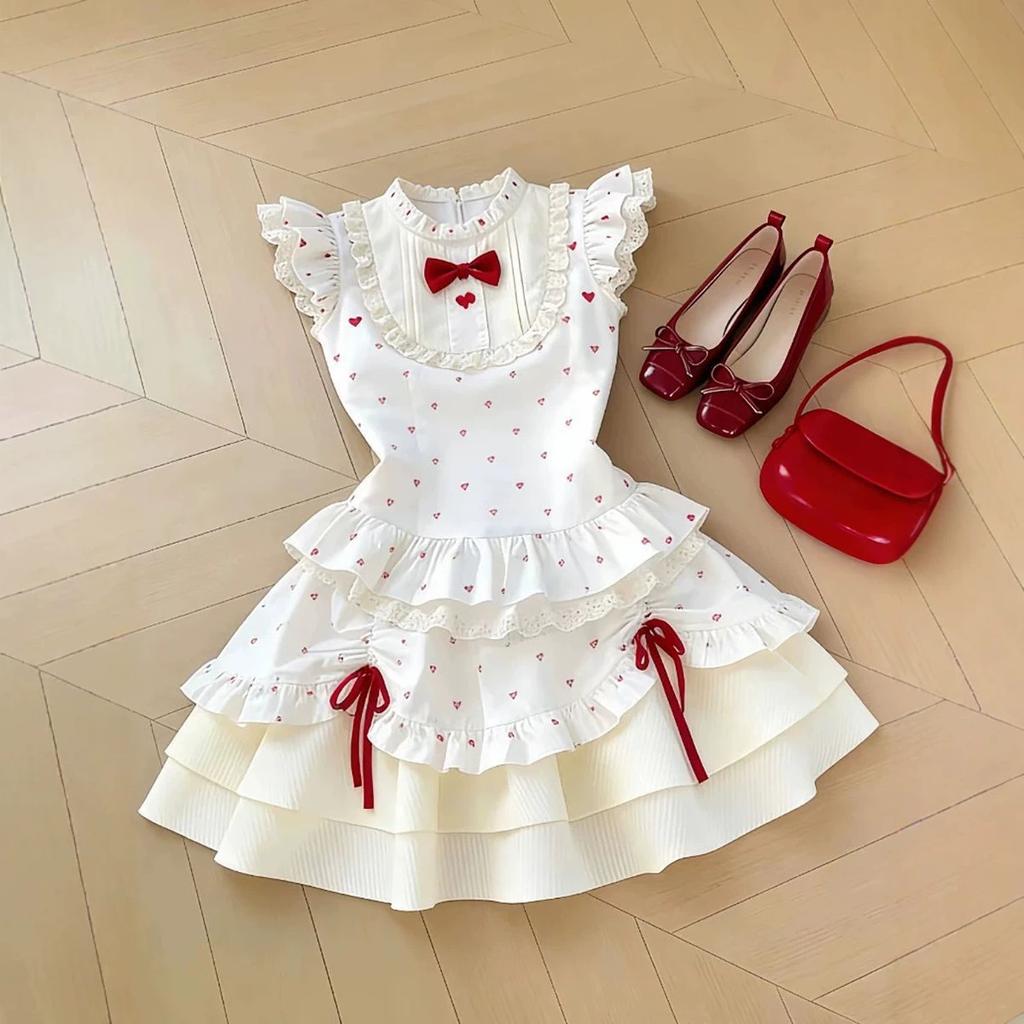 Girls Summer Polka Dot Bow Princess Dress Medium Large Kids Lace Trim Round Neck Stylish Sundress