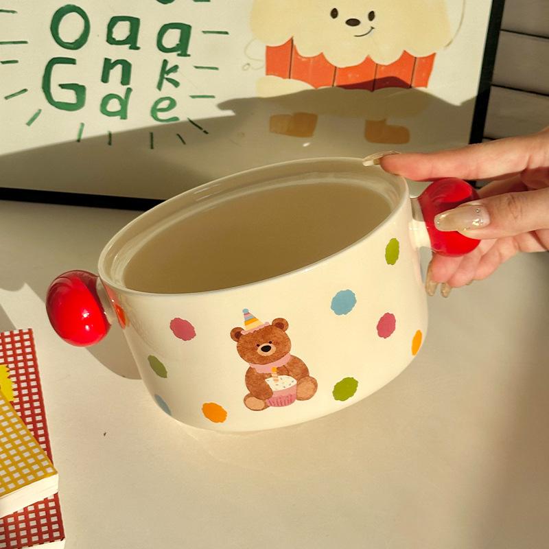 Ins Cream Wind Cute Cartoon Ceramic Binaural Instant Noodle Bowl Snail Powder Bowl Noodle Bowl Soup Bowl with Lid