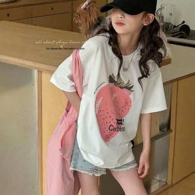 Girls' Cartoon Print Cotton T-Shirt - 2026 Summer: Loose, Round Neck, Half-Sleeve