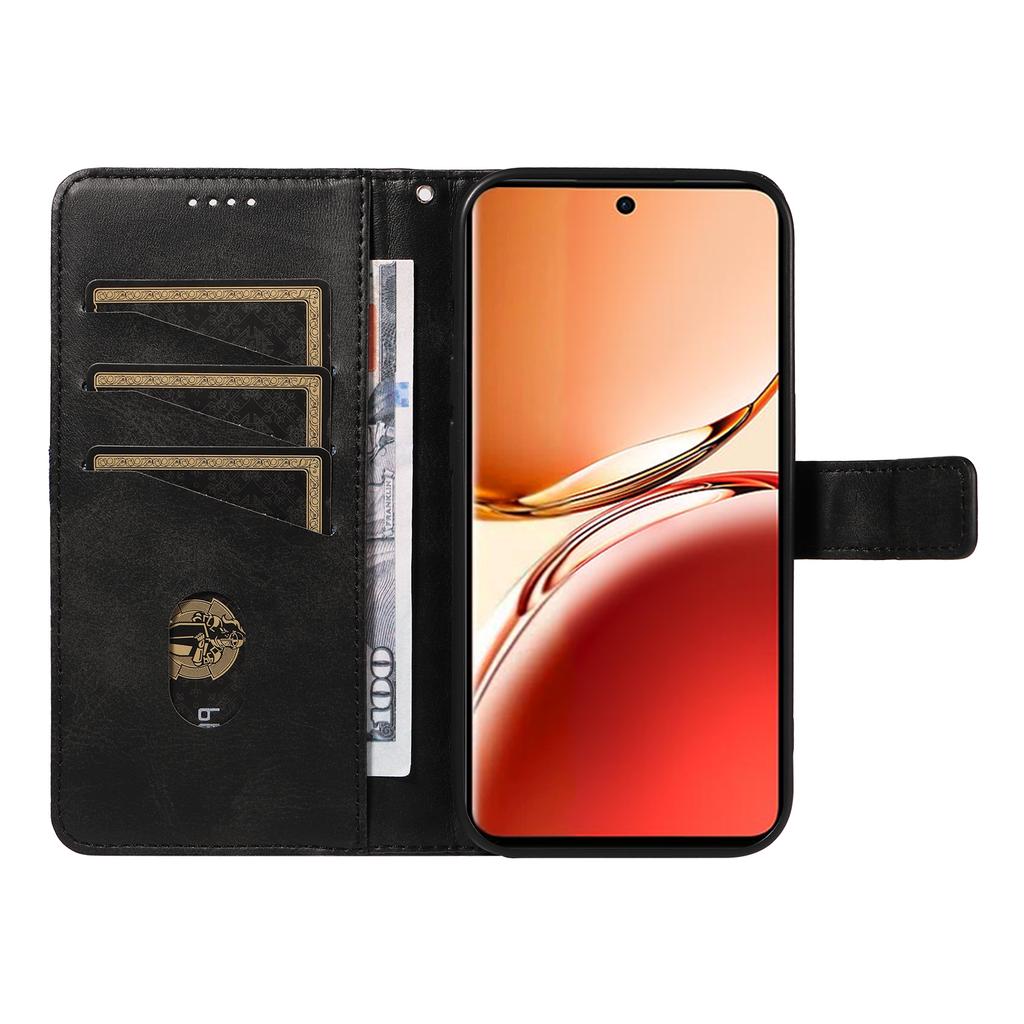 For Oppo Reno12 F 4G Case Leather Geometric Line Phone Cover Card Holder Wrist Strap