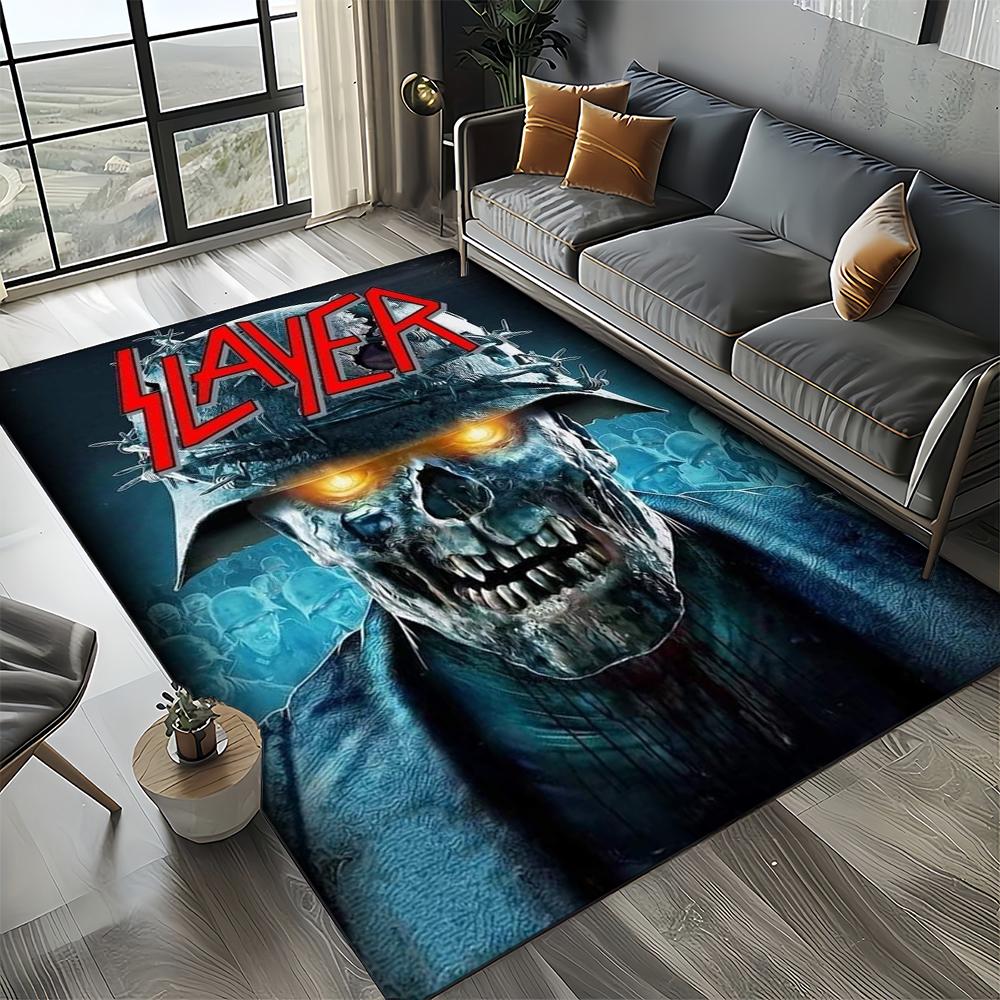 Tapete de Chão 3D Retro Band Slayer Heavy Metal Rock Sinal para Sala de Estar Quarto Casa Decoração de Sofá, Tapete Antiderrapante para Brincar de Criança