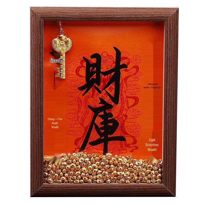 Yellow Dzambhala Wealth Replenishing Photo Frame Ornament - 6", 7", 8" - Small Ingots, Gold Treasury Key Desk Display.