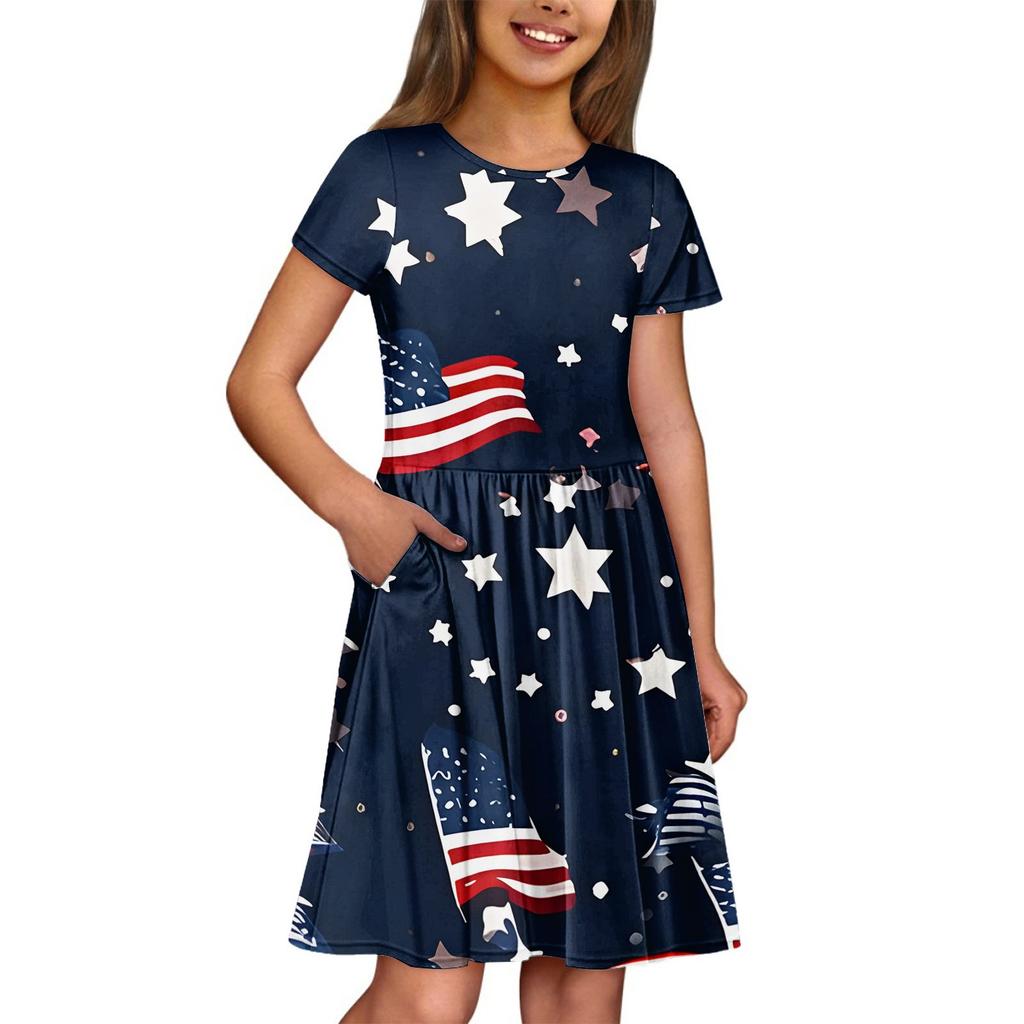 Girl Summer Dress  Solid Color & Print Sleeveless Dress With Pocket Casual Dress Shorts Sleeve Party Dress