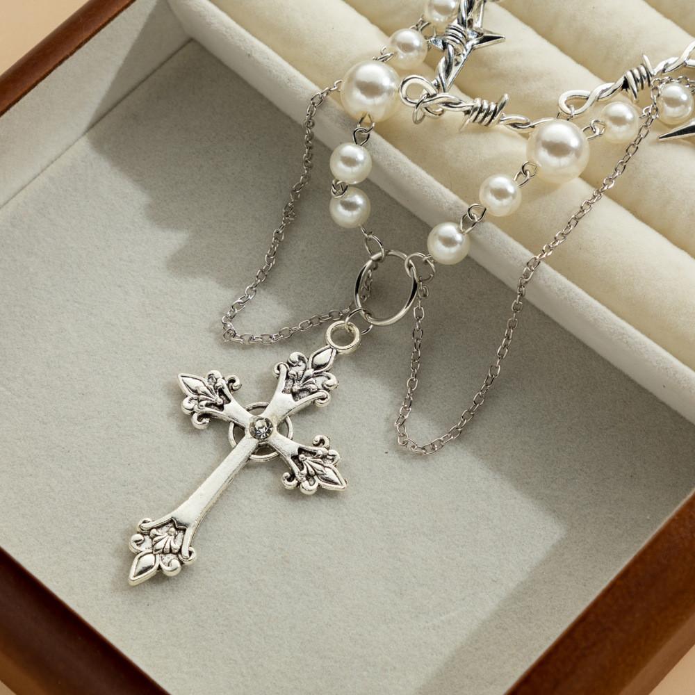 Multilayer Bohemian Trendy Necklace With Elegant Imitation Pearl Cross And Heart Pendants Women For