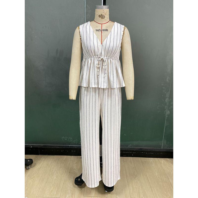 Striped Vest and Pants Set Western Style New Temperament Stripe Vest + Straight Pants Set