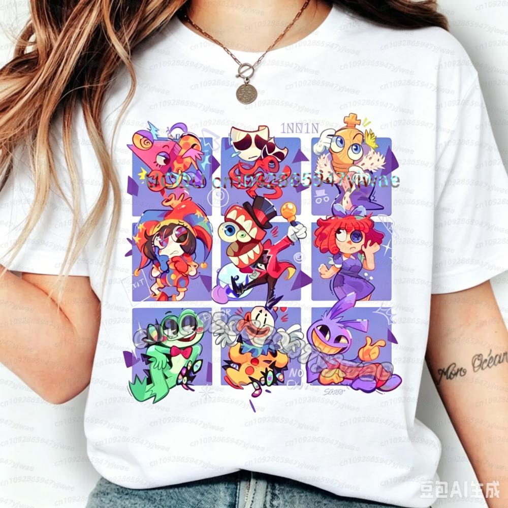2026 women THE AMAZING DIGITAL CIRCUS Pomni Print Short Sleeve Cartoon Plus Size Cotton children Boy Girl Parent-child T-shirt