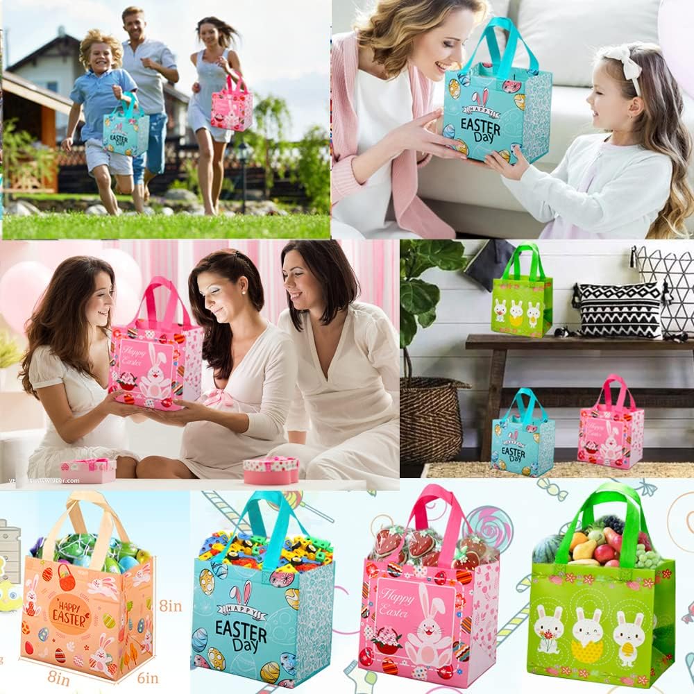 Easter Handle Tote Bags – Reusable Non-Woven Gift Bags For Bunny Egg Hunt Party Favors – 4/6/12 Pack Options (8.26x7.87x5.9")